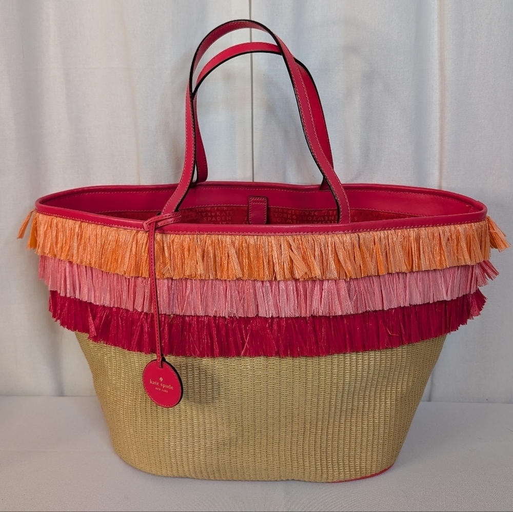 Kate Spade New York Anabette Woven Straw And Colorful Fringe Tote Bag - Picture 2 of 8